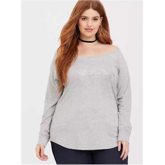 Torrid Grey Gray Foil Sweatshirt Off Shoulder Neck Plus Size‎ 2 (2XL) - Picture 2 of 11